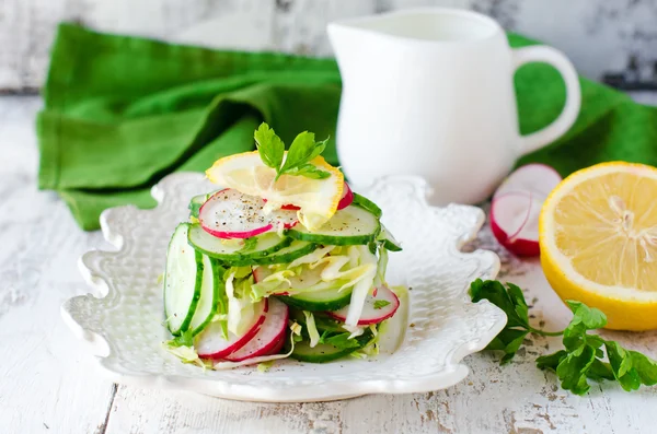Salad from fresh cucumbers , radish and cabbage — Stock Photo, Image