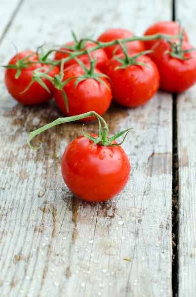 Świeże pomidory wiśniowe na drewnianym stole — Zdjęcie stockowe