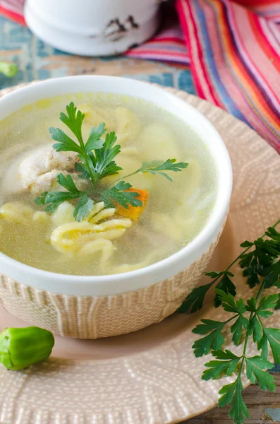 Chicken soup with homemade noodles. — Stock Photo, Image