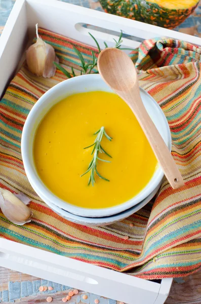 Pumpkin cream soup with lentils — Stock Photo, Image