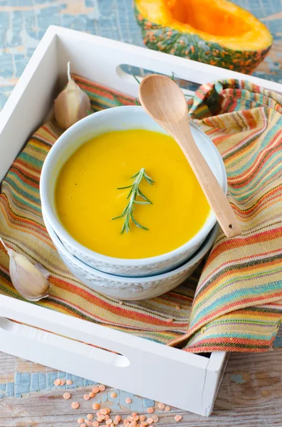 Pumpkin cream soup with lentils — Stock Photo, Image