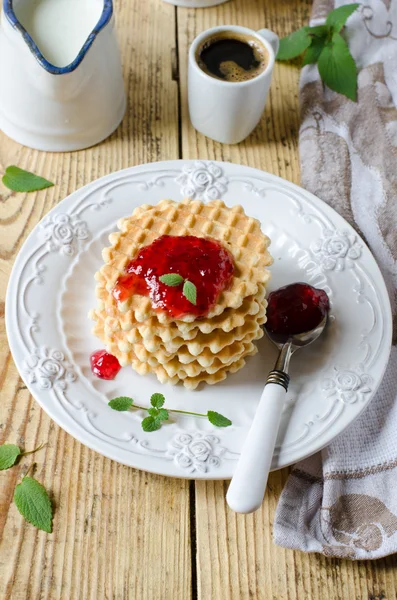 Waffles with jam for breakfast — Stock Photo, Image