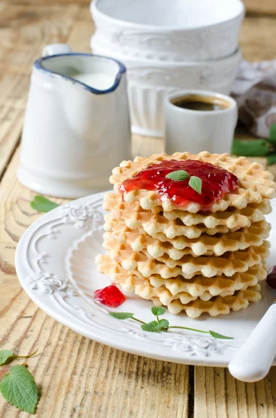 Waffles with jam for breakfast — Stock Photo, Image