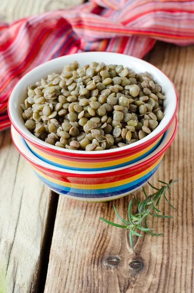 Lentilles vertes bouillies dans un bol — Photo