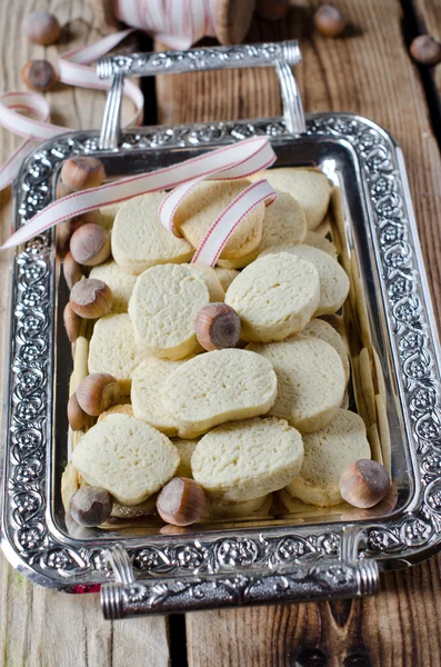 Walnut cookies on a metal tray — Stock Photo, Image