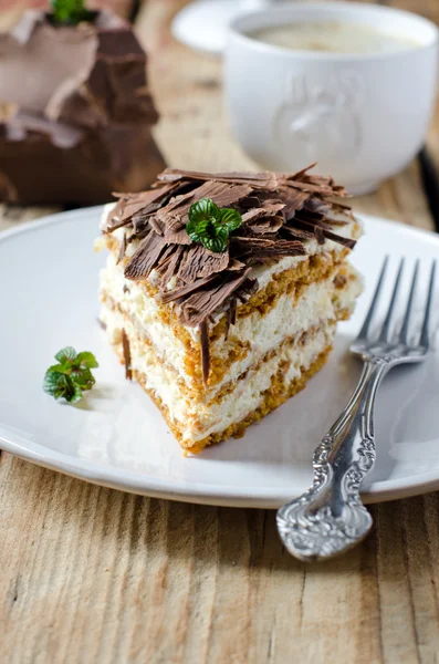 Sponge cake with cream and chocolate — Stock Photo, Image