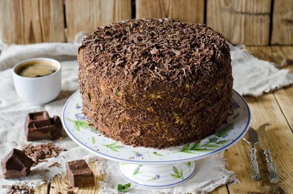 Sponge cake with cream and chocolate — Stock Photo, Image