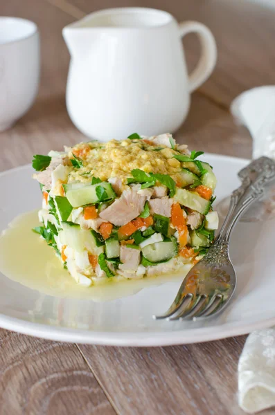 Салат с курицей, морковью, яйцами и огурцами — стоковое фото
