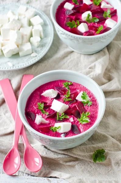 Beet cream soup with feta — Stock Image Beet cream soup with feta Royalty Free Stock Images