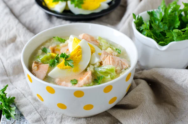 Millet soup with salmon and young cabbage — Stock Photo, Image