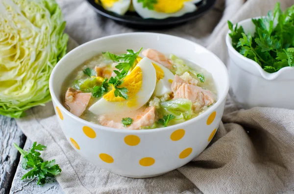Millet soup with salmon and young cabbage — Stock Photo, Image