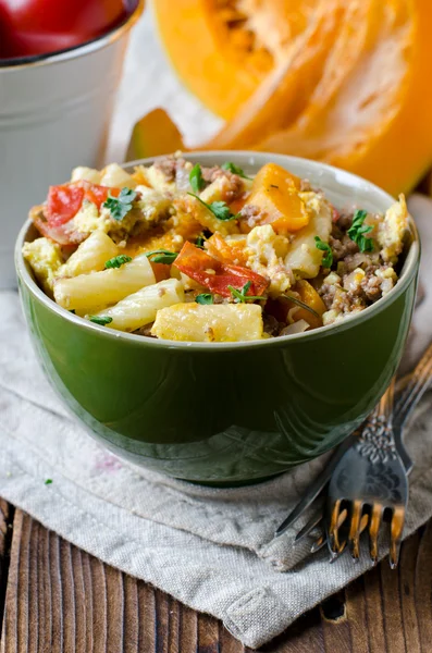 Gratin of pumpkin, minced meat and pasta — Stock Photo, Image