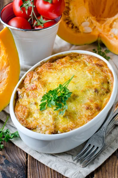 Gratin of pumpkin pasta and minced meat — Stock Image Gratin of pumpkin pasta and minced meat Royalty Free Stock Images