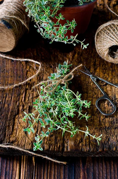 Tomilho em uma mesa de madeira — Fotografia de Stock