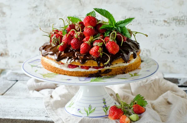 Gâteau éponge à la crème, fraises et chocolat — Photo