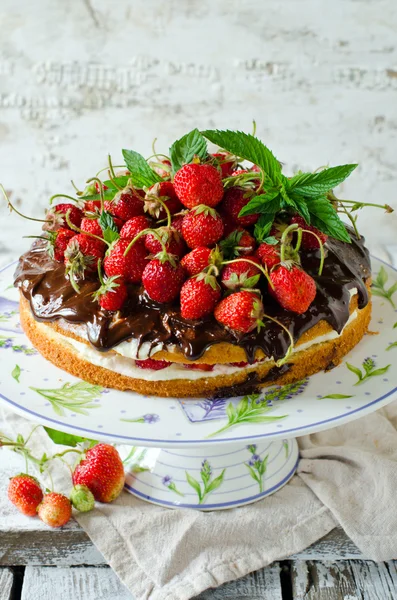 Gâteau éponge à la crème, fraises et chocolat — Photo