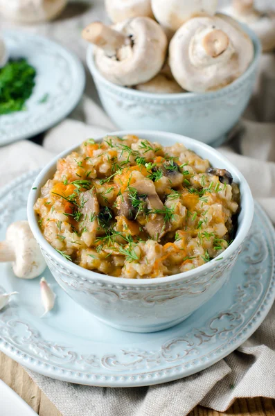 Porridge d'orzo con zucca, funghi e carote — Foto Stock