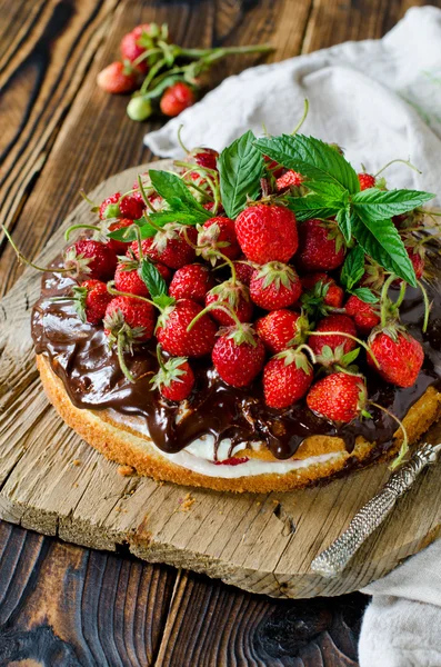 Piškotový dort se šlehačkou, jahodami a čokoládou — Stock fotografie