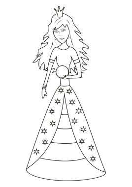 Prenses ve top, boyama kitabı, vektör illüstrasyonu