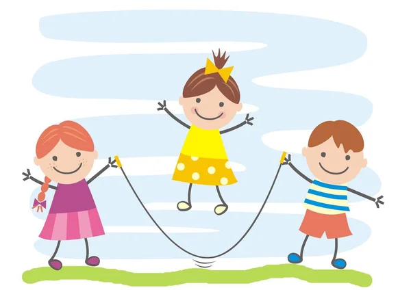 Niños Felices Saltar Cuerda Ilustración Vectorial Fondo Azul Dos Niñas — Vector de stock