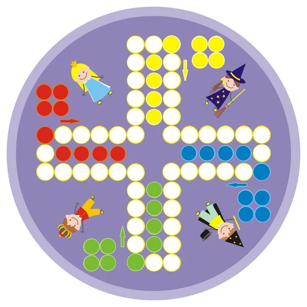 Ludo Επιτραπέζιο Παιχνίδι Για Τέσσερις Gamester Χαρακτήρες Παραμύθι Πλαίσιο Κύκλου — Διανυσματικό Αρχείο