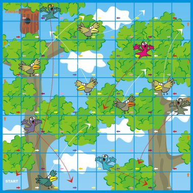 İki ya da daha fazla oyuncu için masa oyunu, bir zar ve parçaya ihtiyacın var. Kuşlar ve hayaletlerle dolu perili bir orman. Vektör illüstrasyonu.