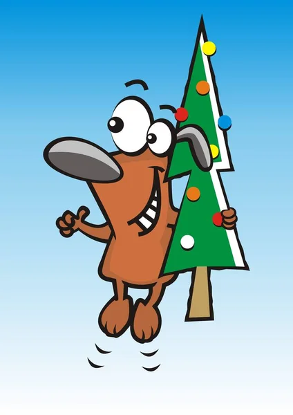 Cão Com Árvore Natal Fundo Azul Ilustração Vetorial Humorística — Vetor de Stock