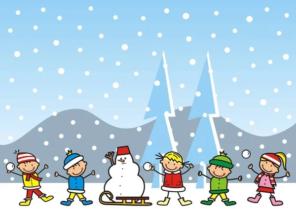 Crianças Felizes Inverno Com Boneco Neve Trenó Ilustração Vetorial Bonito — Vetor de Stock