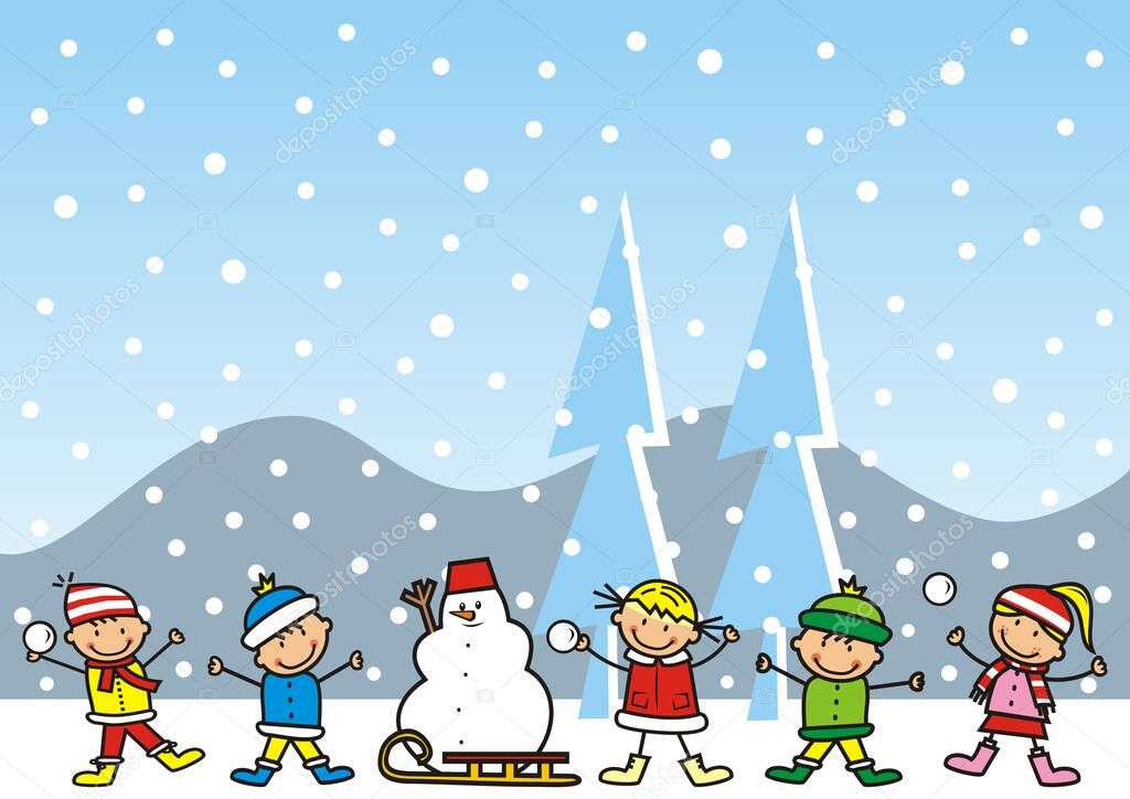 Happy kids in winter with snowman and sled, cute vector illustration