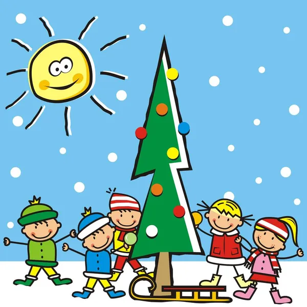 Weihnachtskarte Baumschmücken Lächelnde Kinder Und Fläschchen Lustige Vektorillustration — Stockvektor