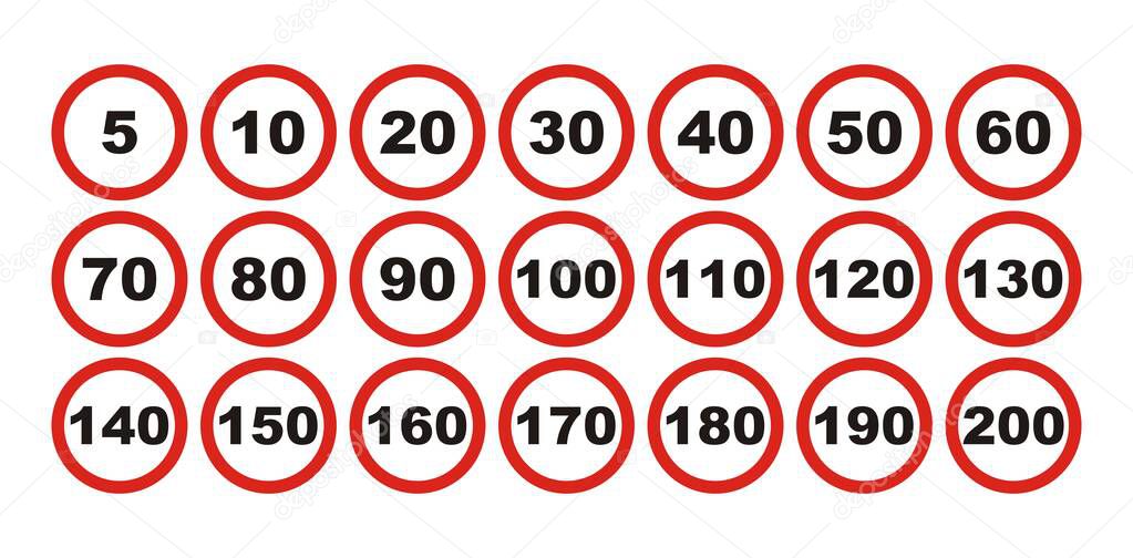 Limit speed sign for car. Set of road sign with restriction of speed of 5, 10, 20, 30, 40, 50, 60, 70, 80, 90, 100, 110, 120, 130,  140, 150, 160, 170, 180, 190, 200 km. Vector icons.