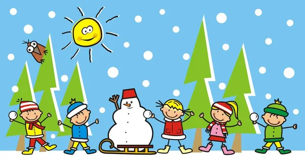 Vijf Kleine Kinderen Met Sneeuwpop Winter Recreatie Activiteiten Schattige Vector — Stockvector