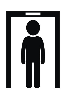 Havaalanının güvenlik simgesi. Kontrol için metal dedektörü, vücut teftişi. Havaalanında tarama yapılıyor. TSA tarayıcısının işareti. Kontrol noktası ve polis için tarama makinesi. Kişinin güvenliği için bir komplo. Vektör