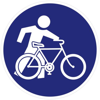 Bisikletçi, motordan in, motosikletin yanına git, vektör yol işareti, mavi daire çerçeve, ep.