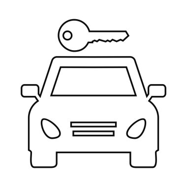 Araba kiralama, anahtarı olan otomobil, beyaz siluet, siyah hat, vektör ikonu. Araba kirası için bilgi işareti.