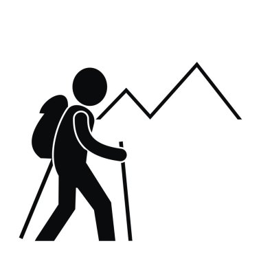 Sırt çantalı yürüyüşçü ve dağlarda baston yürüten siyah siluet, vektör simgesi