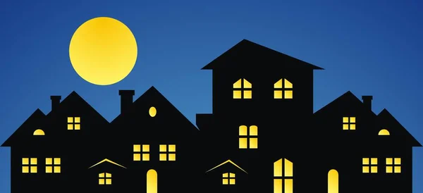 Night City Group Houses Moon Black Silhouette Blue Background Vector — Stock Vector