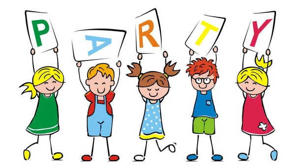 Niños Con Partido Texto Ilustración Vector Feliz — Archivo Imágenes Vectoriales