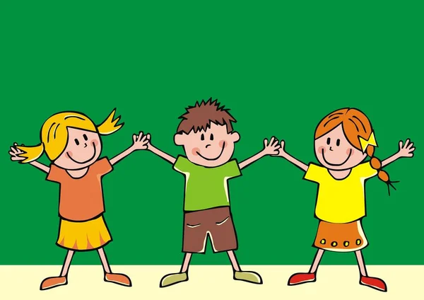 Tři Šťastné Děti Dvě Dívky Chlapec Vtipná Vektorová Ilustrace — Stockový vektor