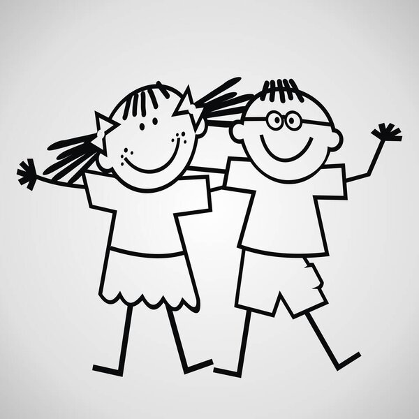 Two children, boy and girl, black and white vector illustration, coloring page, sticker for kids at car