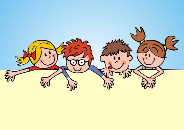 Dört gülümseyen çocuk, komik vektör çizimi, şablon. Kızlar ve oğlanlar, yaratıcı film..