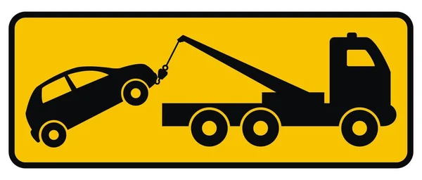 Çekici, vinçli kamyon. Çekici servisi arabayı çeker. Sarı zemin üzerinde siyah vektör yol işareti, siyah çerçeve. 