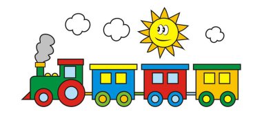 tren ve güneş ve bulutlar, renkli görüntü, vektör illüstrasyonu
