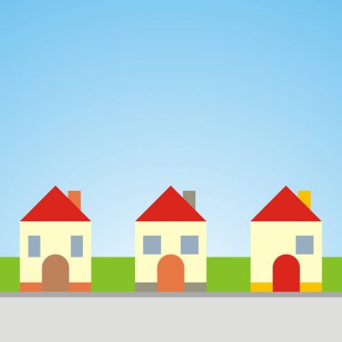 Köy, sıra sıra evler, yol, çimen ve gökyüzü, kavramsal vektör çizimi
