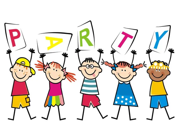 Niños Con Fiesta Texto Ilustración Vectorial Feliz Imagen Color Sobre — Archivo Imágenes Vectoriales