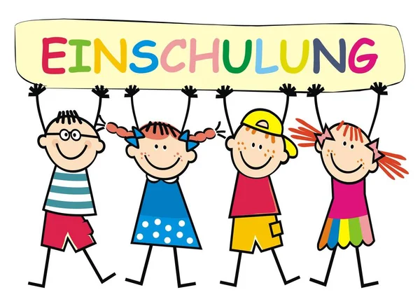 Crianças Com Banner Texto Einschulung Matrícula Escolar Língua Alemã —  Vetores de Stock