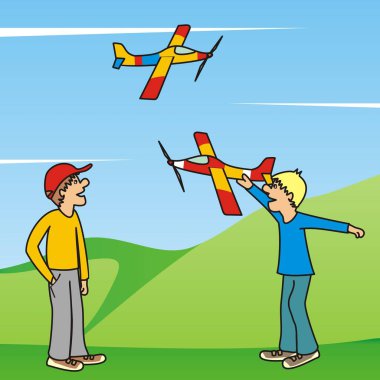 İki oğlan ve uçak, vektör çizimi. Erkekler model uçaklarla uçar..