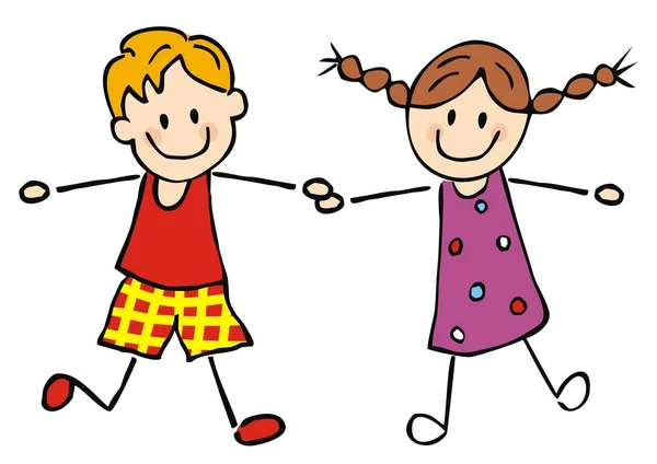 Dos Niños Bailando Sonrientes Chico Con Chica Ilustración Vectorial Lindo — Vector de stock