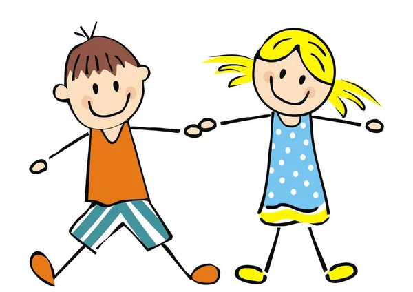 Dos Niños Bailando Sonrientes Chico Con Chica Ilustración Vectorial Lindo — Vector de stock