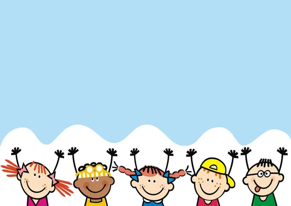 Crianças Felizes Banner Conceitual Ilustração Vetorial Engraçado Fundo Azul Branco —  Vetores de Stock